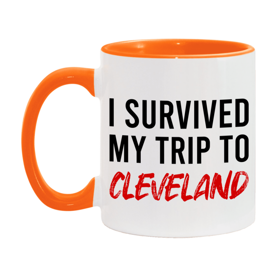 Funny Travel Mug – I Survived My Trip to Cleveland, 11oz or 15oz White Ceramic Coffee Mug, Novelty Travel Gift