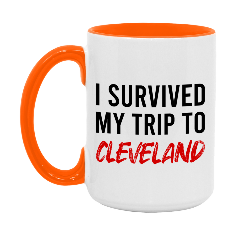 Funny Travel Mug – I Survived My Trip to Cleveland, 11oz or 15oz White Ceramic Coffee Mug, Novelty Travel Gift