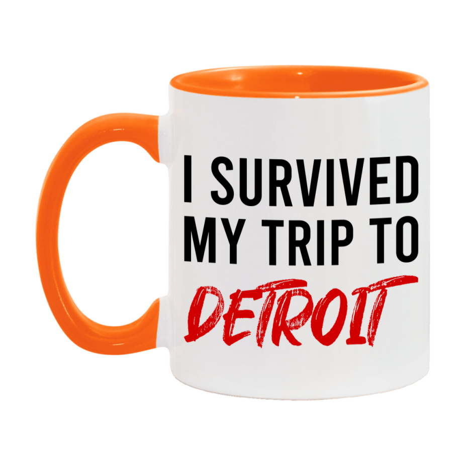 Funny Travel Mug – I Survived My Trip to Detroit, 11oz or 15oz White Ceramic Coffee Mug, Novelty Travel Gift