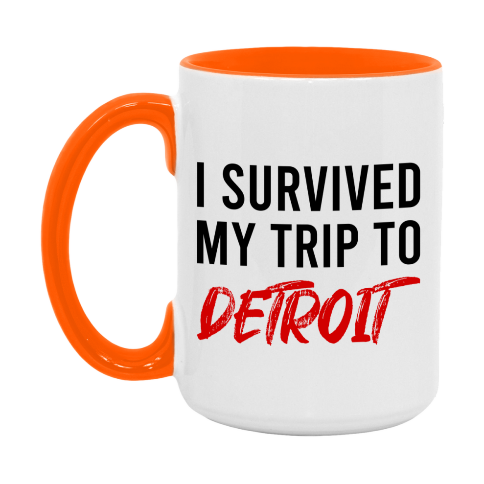 Funny Travel Mug – I Survived My Trip to Detroit, 11oz or 15oz White Ceramic Coffee Mug, Novelty Travel Gift