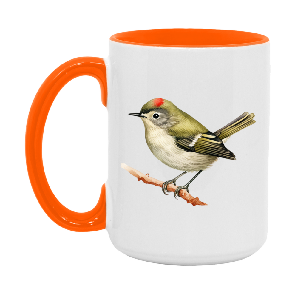 Bird Watching Mug, Ruby Crowned Kinglet Song Bird Mug, 11oz or 15oz White Ceramic Coffee Mug Gift for Bird Watchers