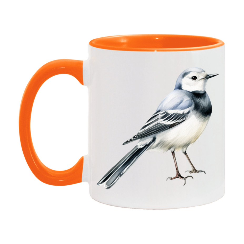 Bird Watching Mug, White Wagtail Song Bird Mug, 11oz or 15oz White Ceramic Coffee Mug Gift for Bird Watchers