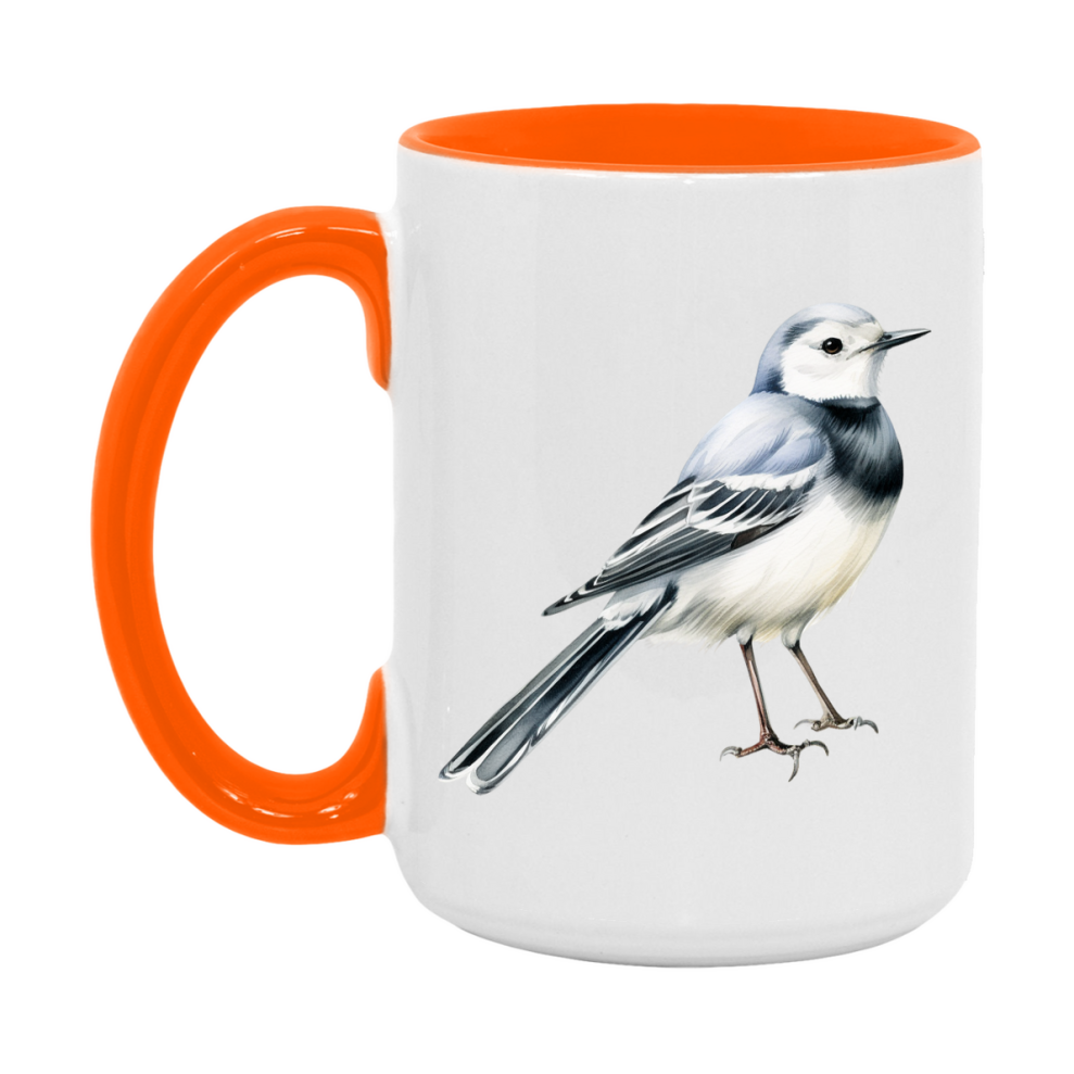 Bird Watching Mug, White Wagtail Song Bird Mug, 11oz or 15oz White Ceramic Coffee Mug Gift for Bird Watchers