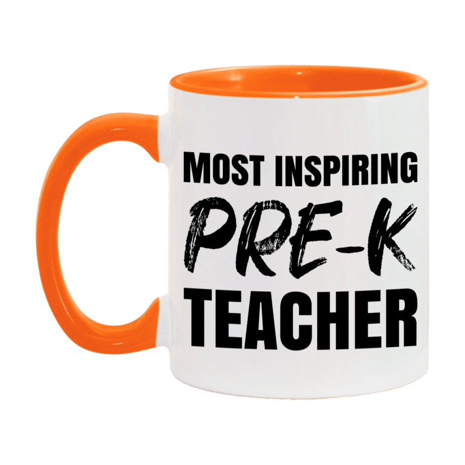 Teacher Superlative Mug, Most Inspiring Pre-K Teacher Gift, 11oz or 15oz White Ceramic Coffee Cup, Gift for Pre-K Teacher
