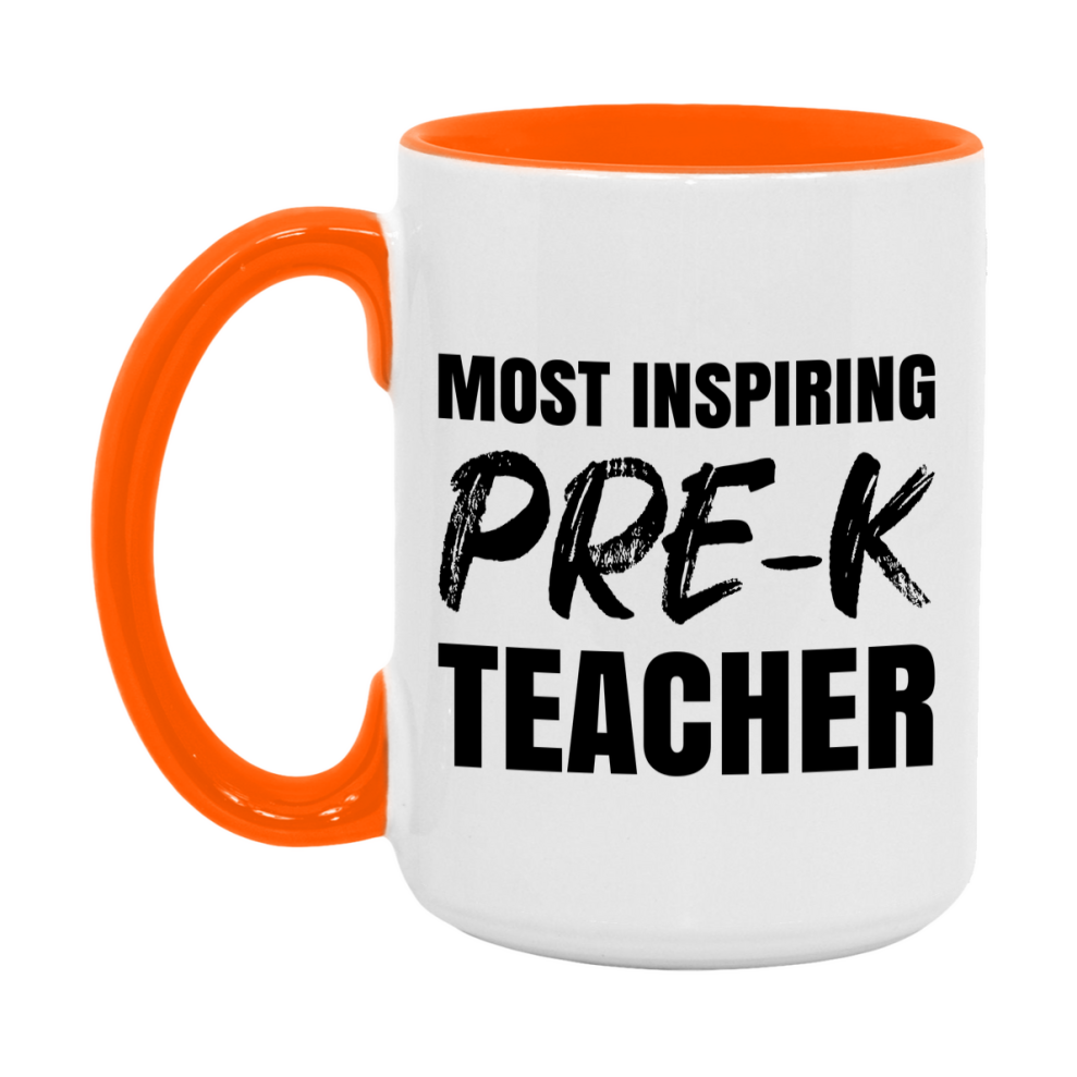Teacher Superlative Mug, Most Inspiring Pre-K Teacher Gift, 11oz or 15oz White Ceramic Coffee Cup, Gift for Pre-K Teacher