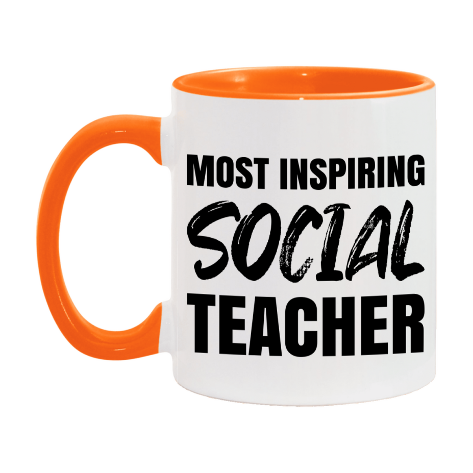 Teacher Superlative Mug, Most Inspiring Social Teacher Gift, 11oz or 15oz White Ceramic Coffee Cup, Gift for Social Teacher