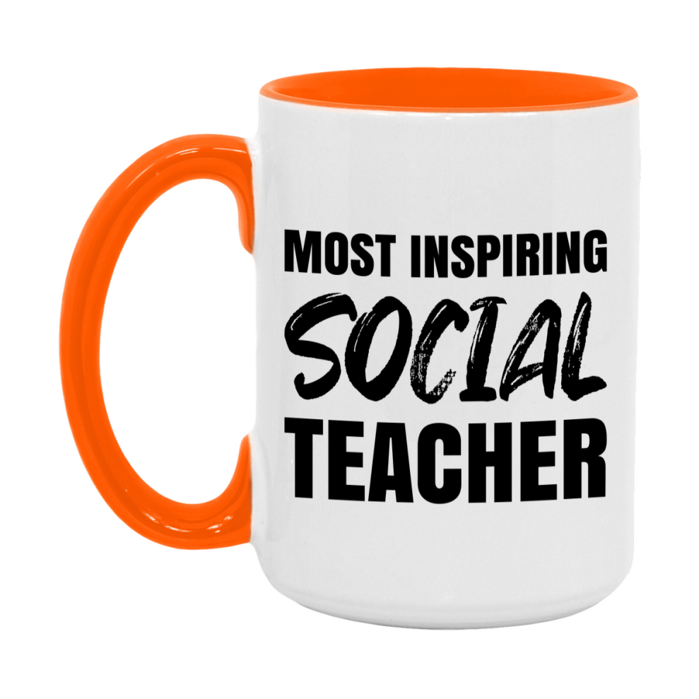 Teacher Superlative Mug, Most Inspiring Social Teacher Gift, 11oz or 15oz White Ceramic Coffee Cup, Gift for Social Teacher