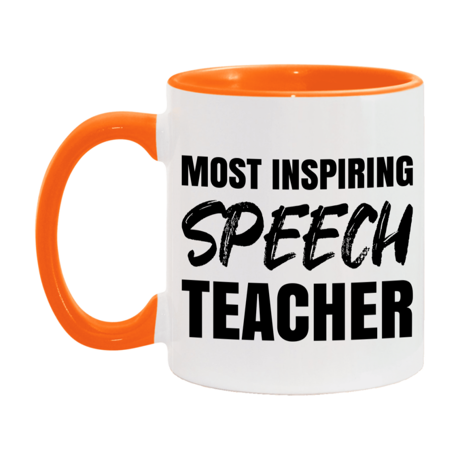 Teacher Superlative Mug, Most Inspiring Speech Teacher Gift, 11oz or 15oz White Ceramic Coffee Cup, Gift for Speech Teacher