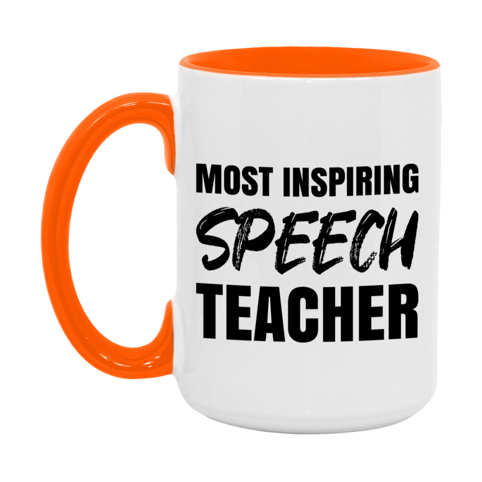Teacher Superlative Mug, Most Inspiring Speech Teacher Gift, 11oz or 15oz White Ceramic Coffee Cup, Gift for Speech Teacher