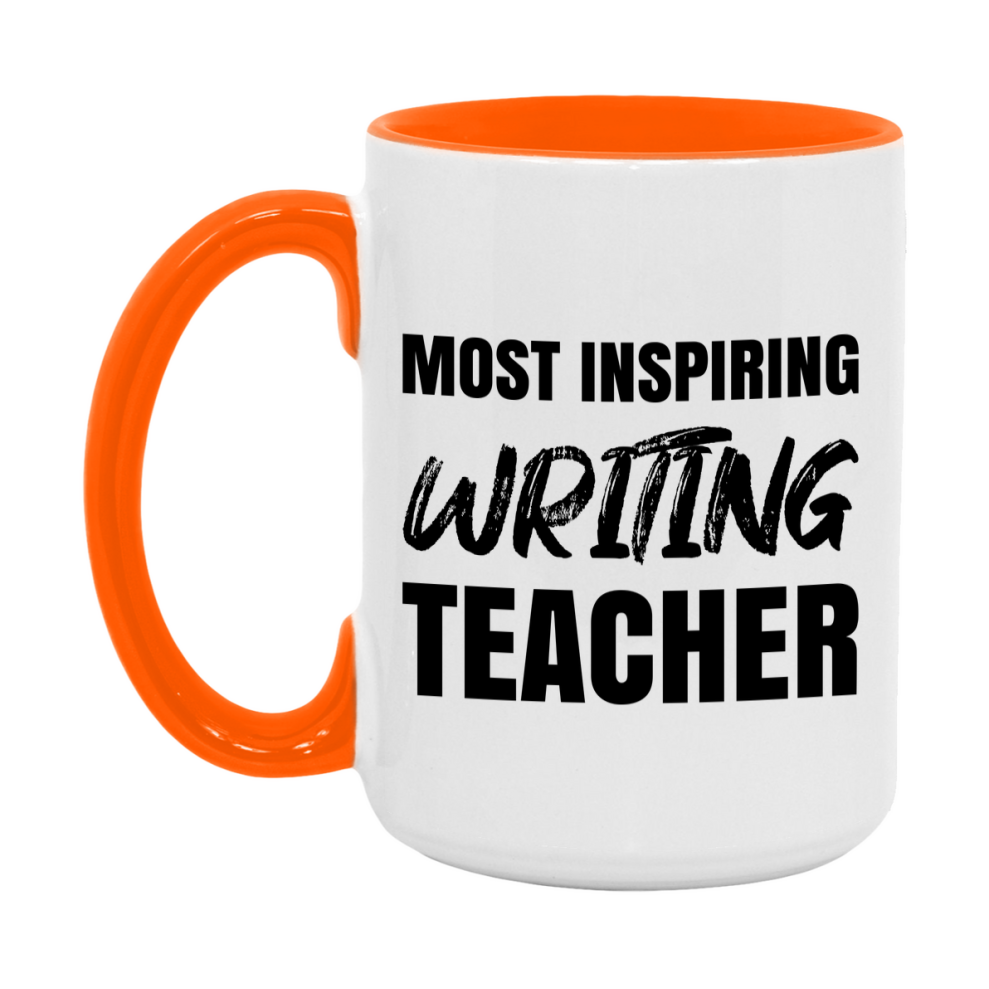 Teacher Superlative Mug, Most Inspiring Writing Teacher Gift, 11oz or 15oz White Ceramic Coffee Cup, Gift for Writing Teacher
