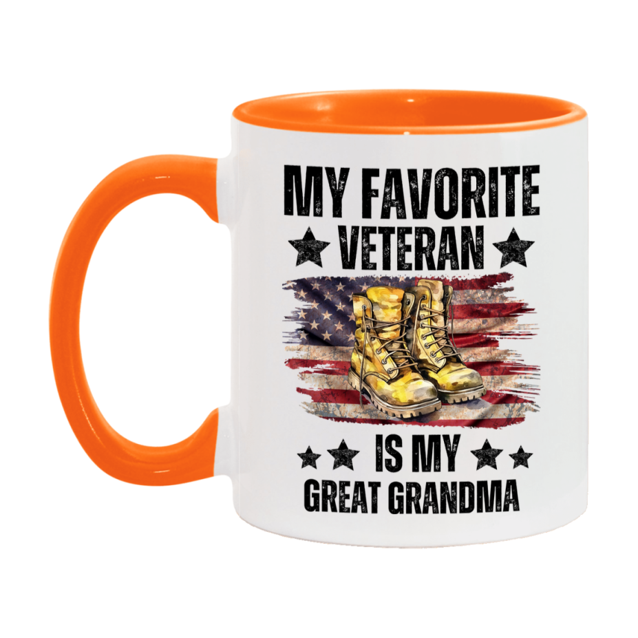 Veteran Gift Mug, My Favorite Veteran Is My Great Grandma, 11oz or 15oz Ceramic Coffee Cup Gift for Great Grandma