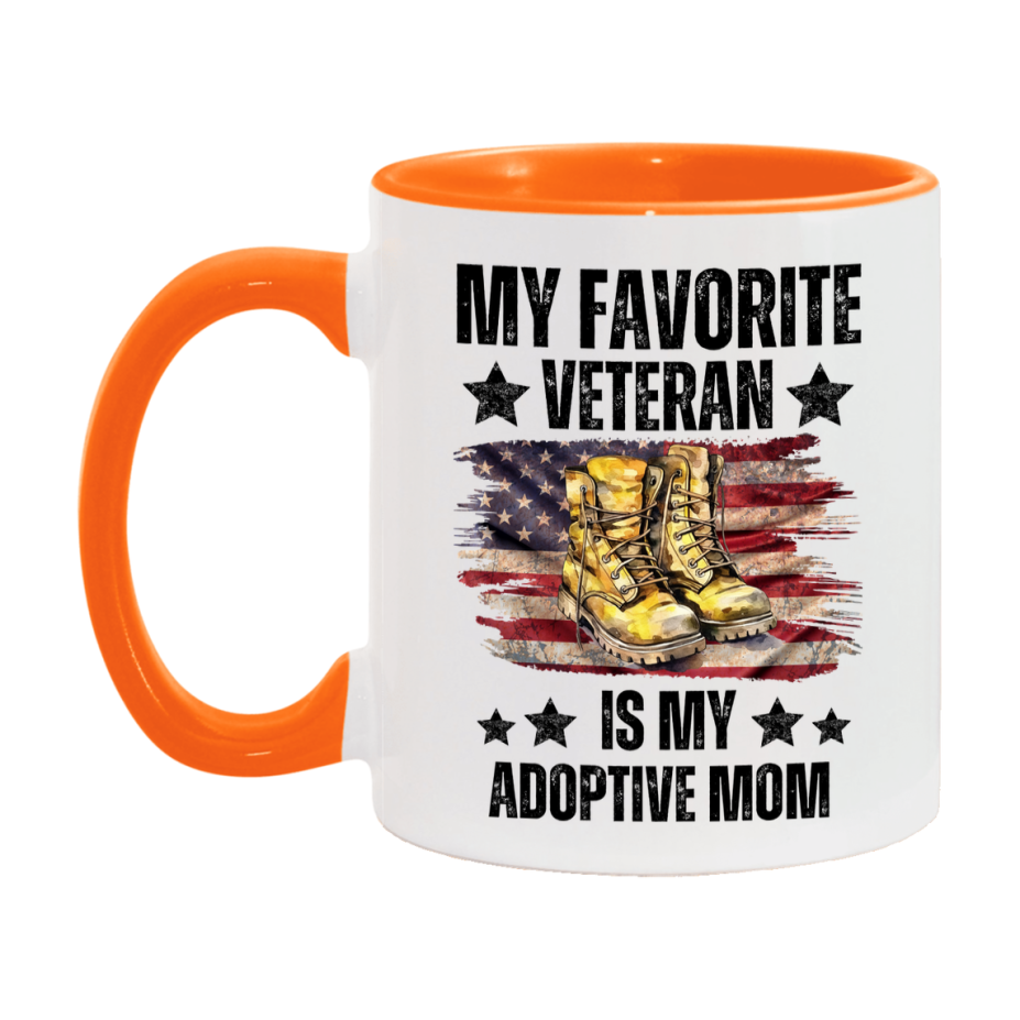 Veteran Gift Mug, My Favorite Veteran Is My Adoptive Mom, 11oz or 15oz Ceramic Coffee Cup Gift for Adoptive Mom