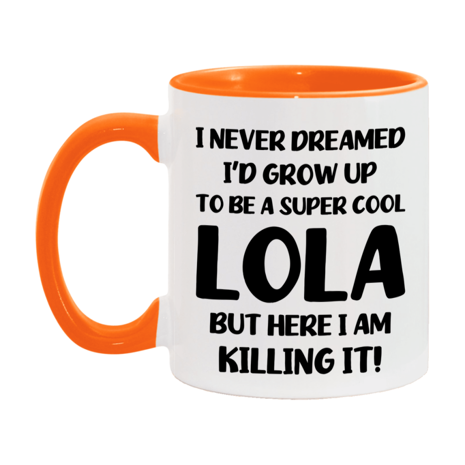 Funny Lola Mug - "I Never Dreamed I'd Grow Up To Be A Super Cool Lola" - White Ceramic Coffee Cup (11Oz Or 15Oz
