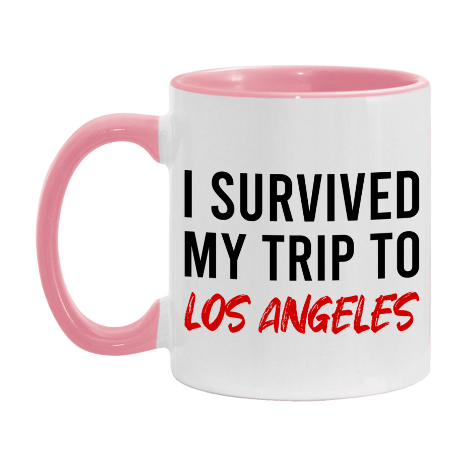 Funny Travel Mug – I Survived My Trip to Los Angeles, 11oz or 15oz White Ceramic Coffee Mug, Novelty Travel Gift