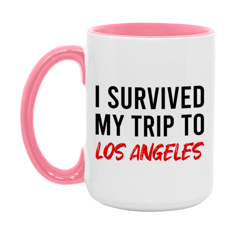 Funny Travel Mug – I Survived My Trip to Los Angeles, 11oz or 15oz White Ceramic Coffee Mug, Novelty Travel Gift