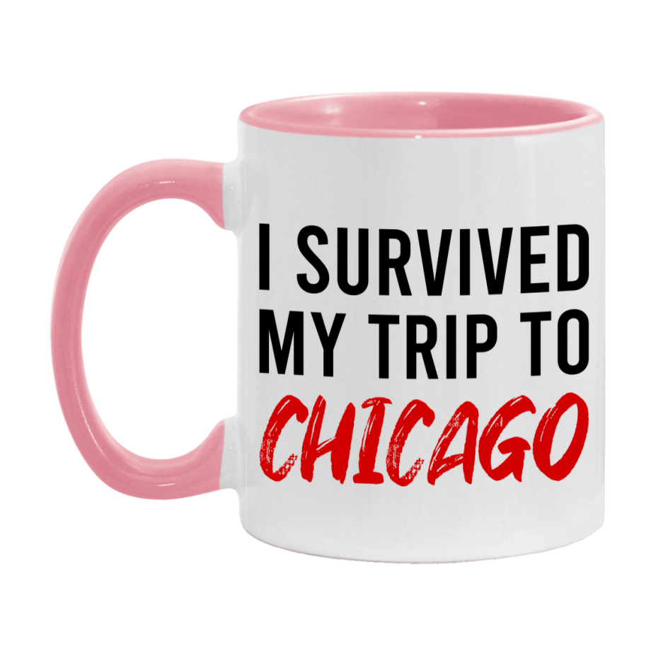 Funny Travel Mug – I Survived My Trip to Chicago, 11oz or 15oz White Ceramic Coffee Mug, Novelty Travel Gift