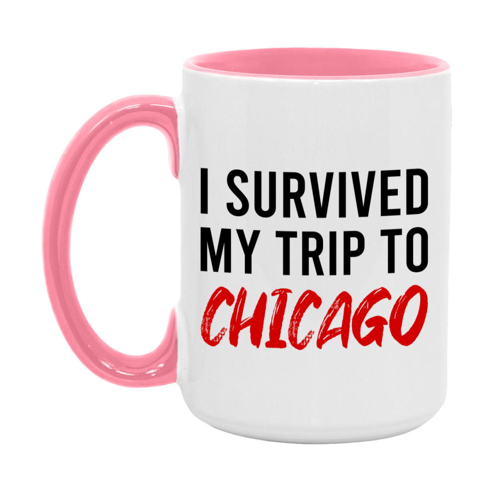 Funny Travel Mug – I Survived My Trip to Chicago, 11oz or 15oz White Ceramic Coffee Mug, Novelty Travel Gift