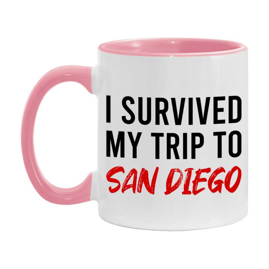 Funny Travel Mug – I Survived My Trip to San Diego, 11oz or 15oz White Ceramic Coffee Mug, Novelty Travel Gift
