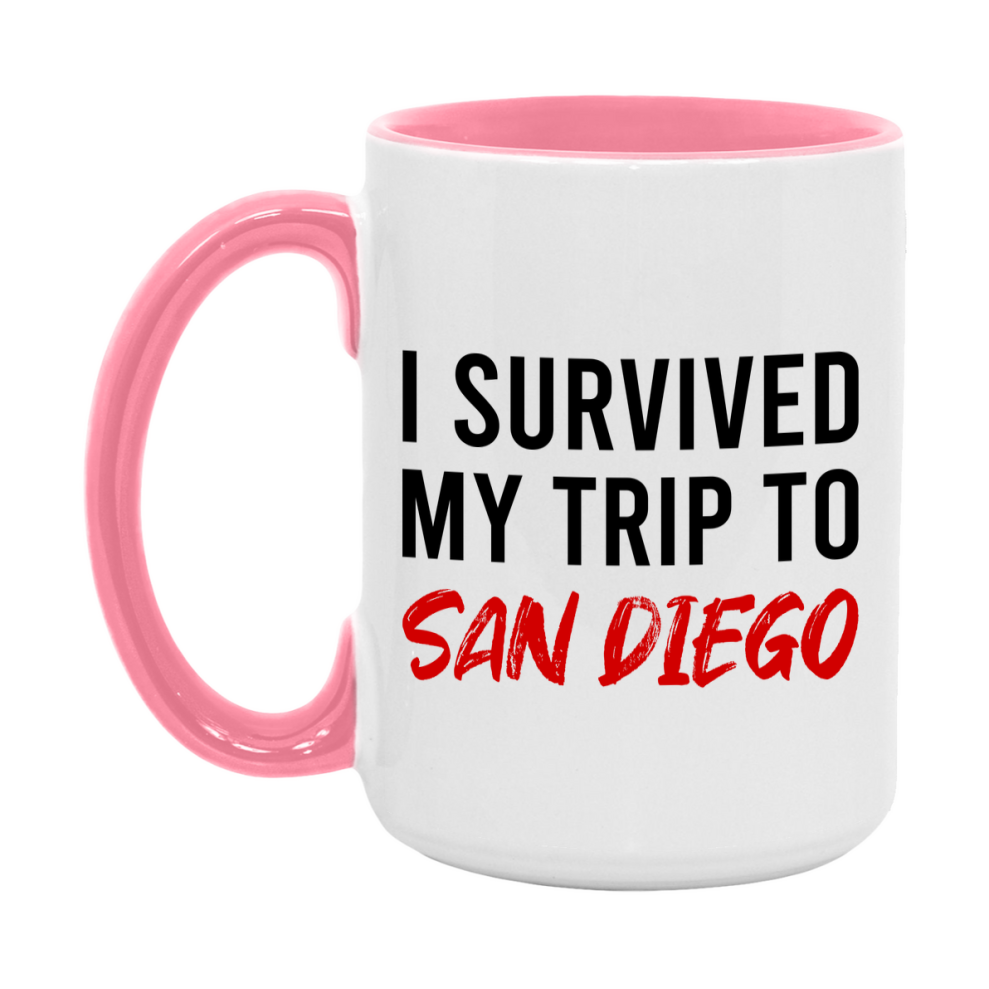 Funny Travel Mug – I Survived My Trip to San Diego, 11oz or 15oz White Ceramic Coffee Mug, Novelty Travel Gift
