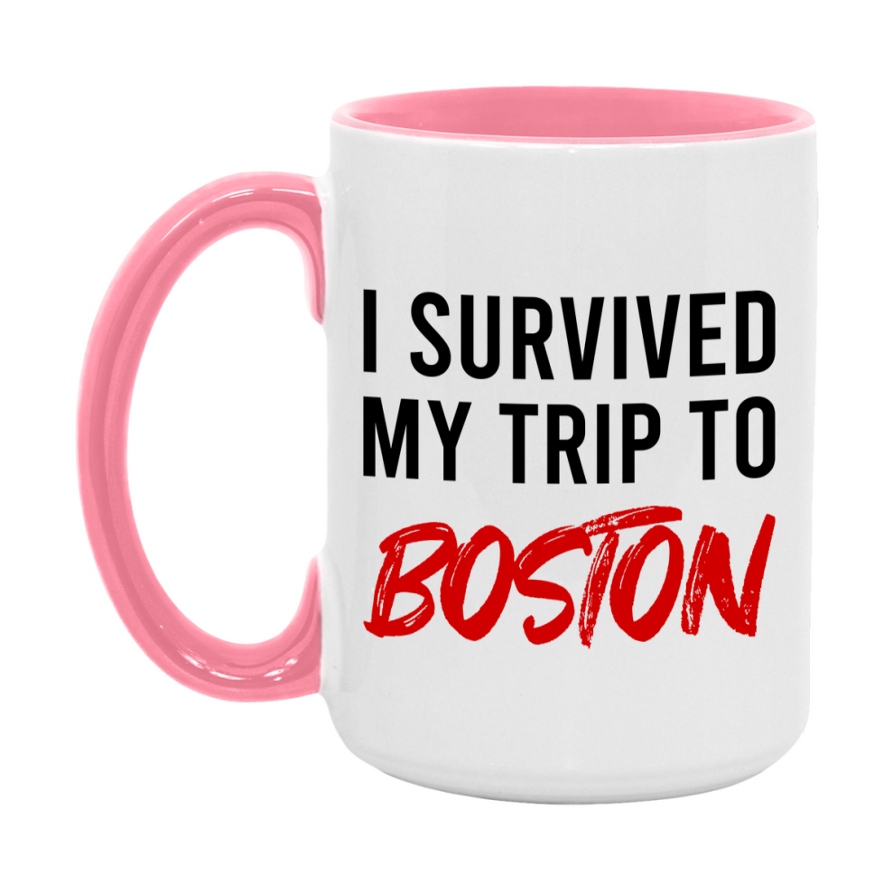 Funny Travel Mug – I Survived My Trip to Boston, 11oz or 15oz White Ceramic Coffee Mug, Novelty Travel Gift