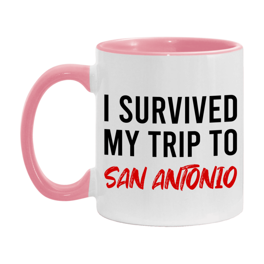 Funny Travel Mug – I Survived My Trip to San Antonio, 11oz or 15oz White Ceramic Coffee Mug, Novelty Travel Gift