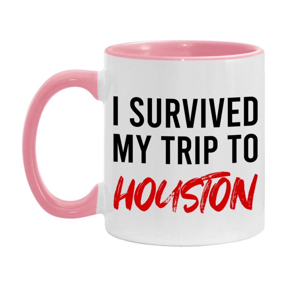Funny Travel Mug – I Survived My Trip to Houston, 11oz or 15oz White Ceramic Coffee Mug, Novelty Travel Gift