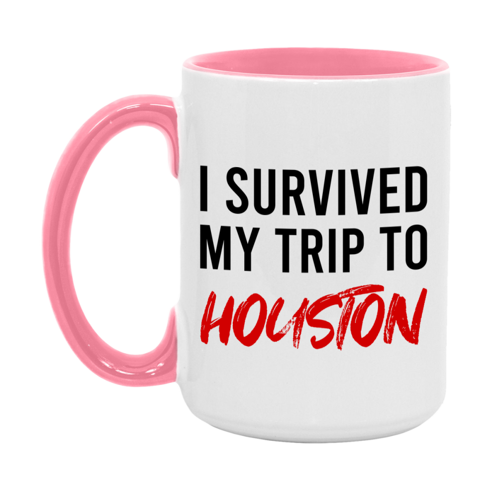 Funny Travel Mug – I Survived My Trip to Houston, 11oz or 15oz White Ceramic Coffee Mug, Novelty Travel Gift