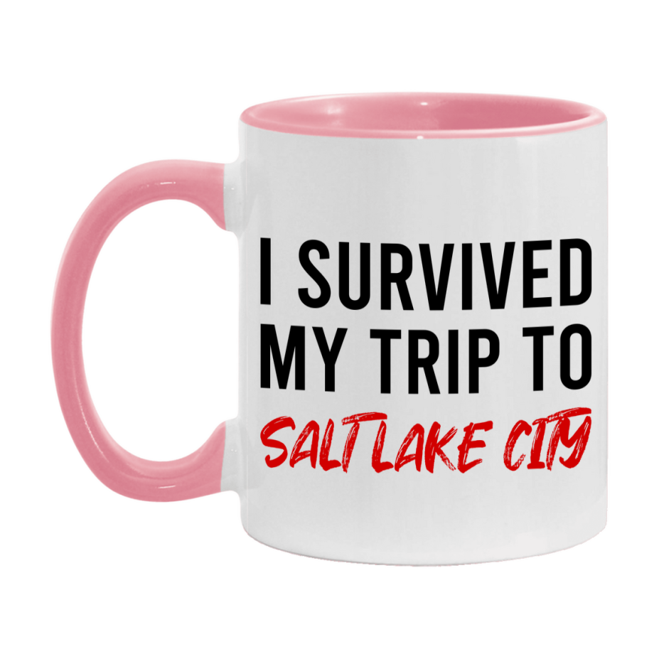 Funny Travel Mug – I Survived My Trip to Salt Lake Salt Lake City, 11oz or 15oz White Ceramic Coffee Mug, Novelty Travel Gift
