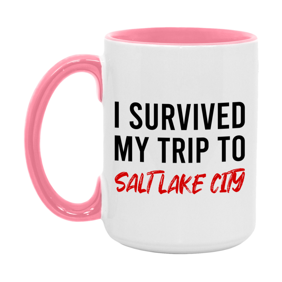 Funny Travel Mug – I Survived My Trip to Salt Lake Salt Lake City, 11oz or 15oz White Ceramic Coffee Mug, Novelty Travel Gift