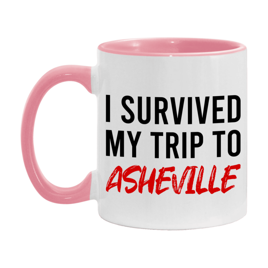Funny Travel Mug – I Survived My Trip to Asheville, 11oz or 15oz White Ceramic Coffee Mug, Novelty Travel Gift