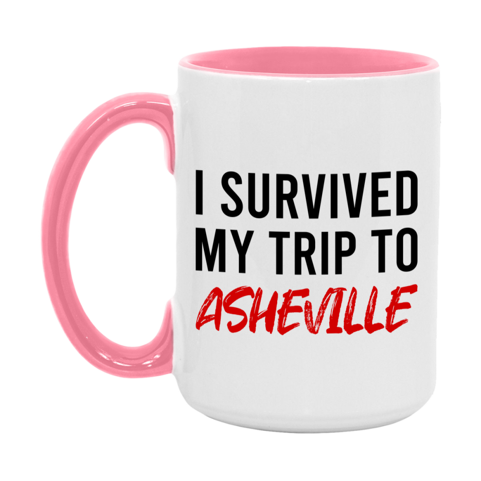 Funny Travel Mug – I Survived My Trip to Asheville, 11oz or 15oz White Ceramic Coffee Mug, Novelty Travel Gift