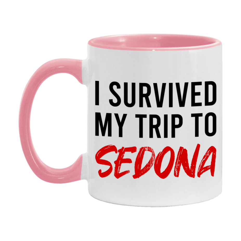 Funny Travel Mug – I Survived My Trip to Sedona, 11oz or 15oz White Ceramic Coffee Mug, Novelty Travel Gift