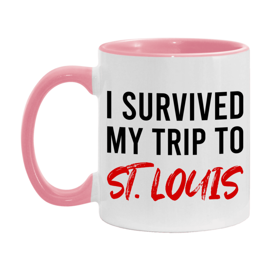 Funny Travel Mug – I Survived My Trip to St. Louis, 11oz or 15oz White Ceramic Coffee Mug, Novelty Travel Gift