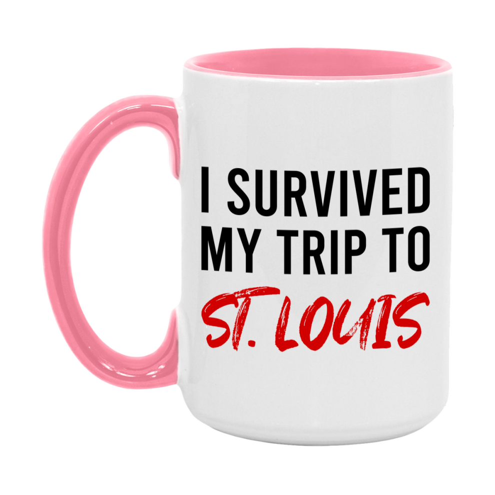 Funny Travel Mug – I Survived My Trip to St. Louis, 11oz or 15oz White Ceramic Coffee Mug, Novelty Travel Gift