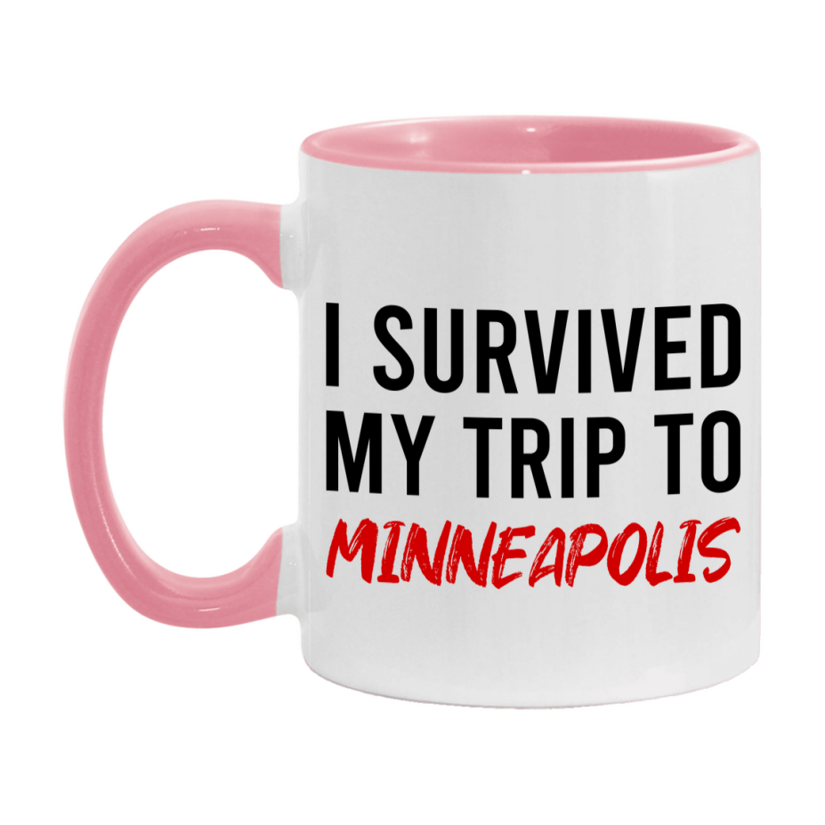 Funny Travel Mug – I Survived My Trip to Minneapolis, 11oz or 15oz White Ceramic Coffee Mug, Novelty Travel Gift