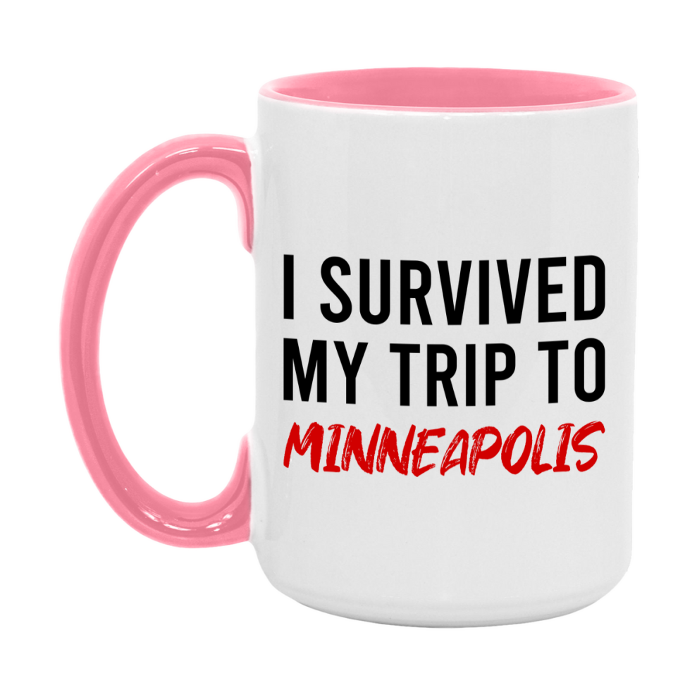 Funny Travel Mug – I Survived My Trip to Minneapolis, 11oz or 15oz White Ceramic Coffee Mug, Novelty Travel Gift