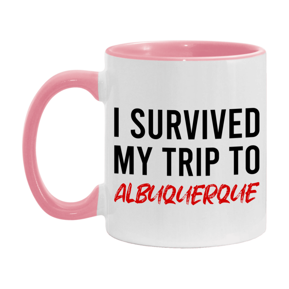 Funny Travel Mug – I Survived My Trip to Albuquerque, 11oz or 15oz White Ceramic Coffee Mug, Novelty Travel Gift