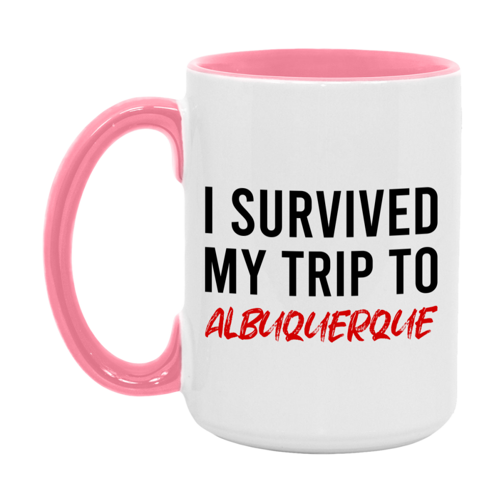 Funny Travel Mug – I Survived My Trip to Albuquerque, 11oz or 15oz White Ceramic Coffee Mug, Novelty Travel Gift