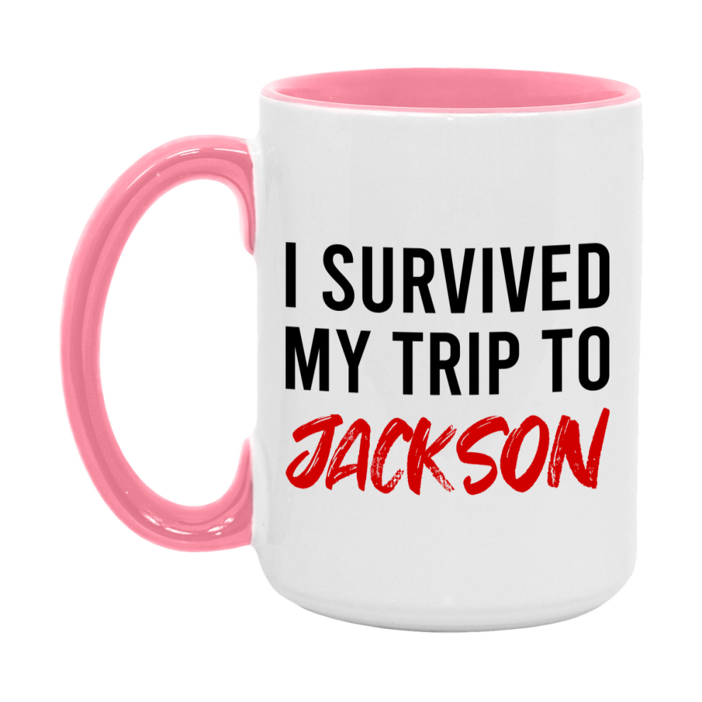 Funny Travel Mug – I Survived My Trip to Jackson, 11oz or 15oz White Ceramic Coffee Mug, Novelty Travel Gift