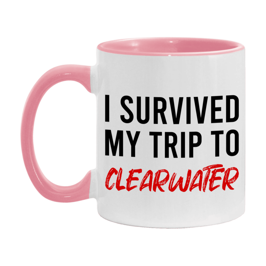 Funny Travel Mug – I Survived My Trip to Clearwater, 11oz or 15oz White Ceramic Coffee Mug, Novelty Travel Gift