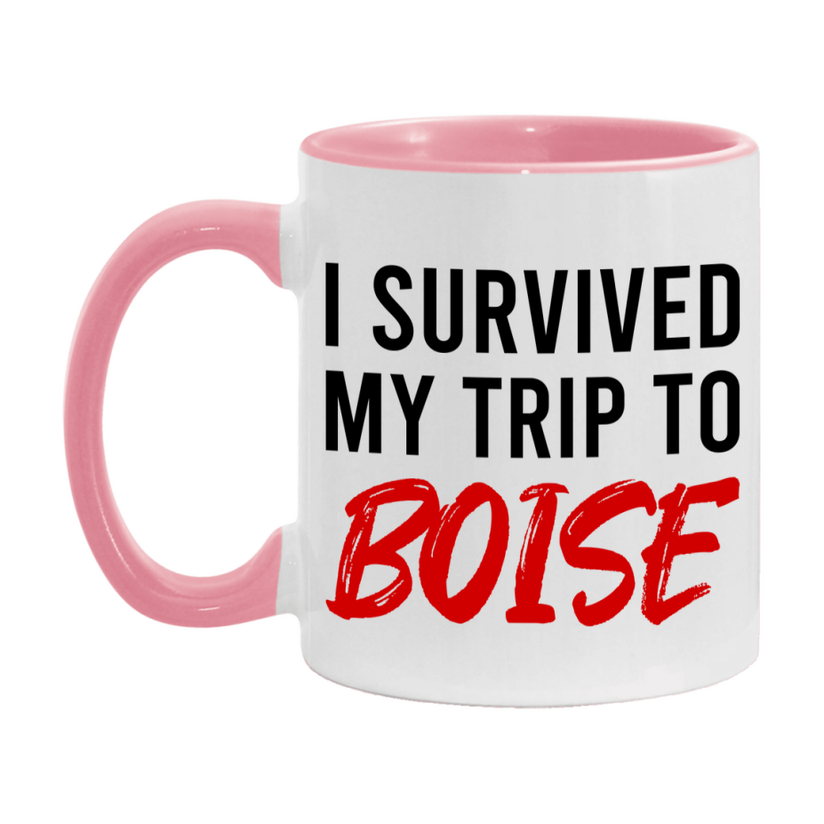 Funny Travel Mug – I Survived My Trip to Boise, 11oz or 15oz White Ceramic Coffee Mug, Novelty Travel Gift