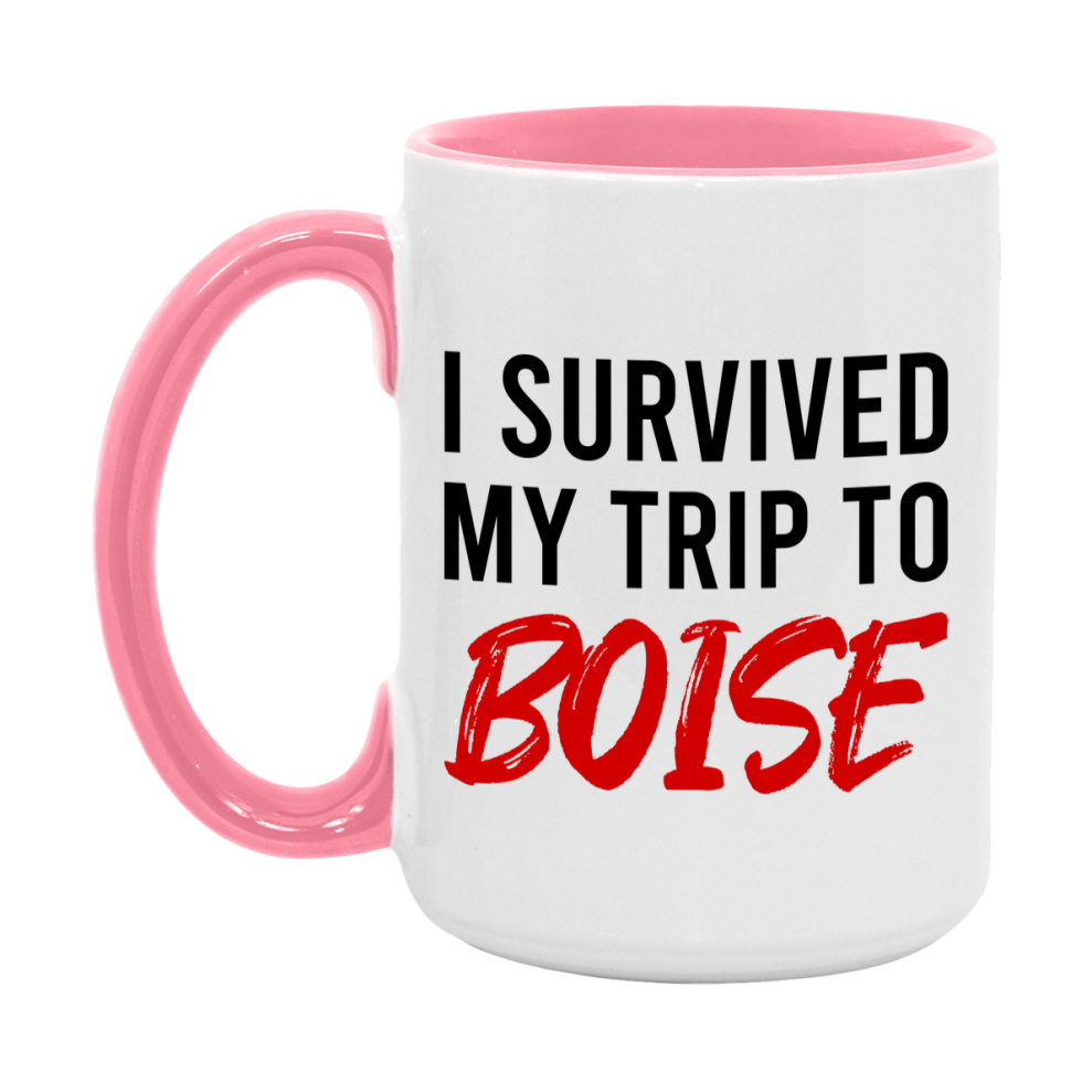Funny Travel Mug – I Survived My Trip to Boise, 11oz or 15oz White Ceramic Coffee Mug, Novelty Travel Gift