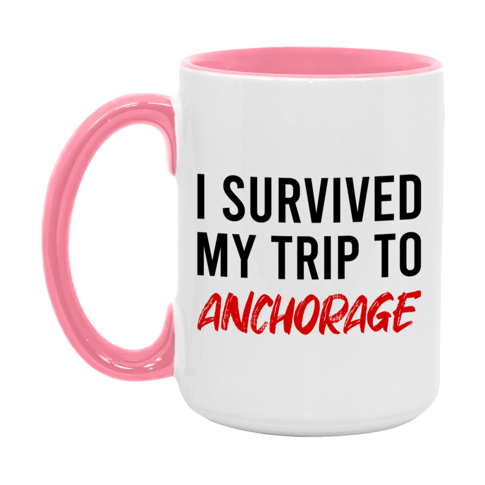 Funny Travel Mug – I Survived My Trip to Anchorage, 11oz or 15oz White Ceramic Coffee Mug, Novelty Travel Gift
