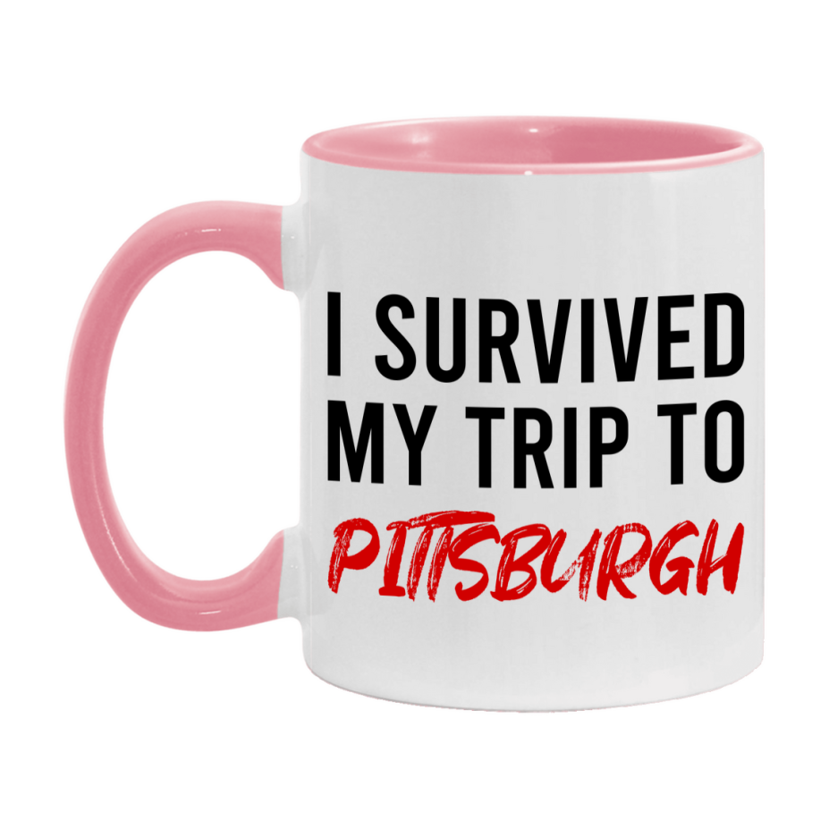 Funny Travel Mug – I Survived My Trip to Pittsburgh, 11oz or 15oz White Ceramic Coffee Mug, Novelty Travel Gift