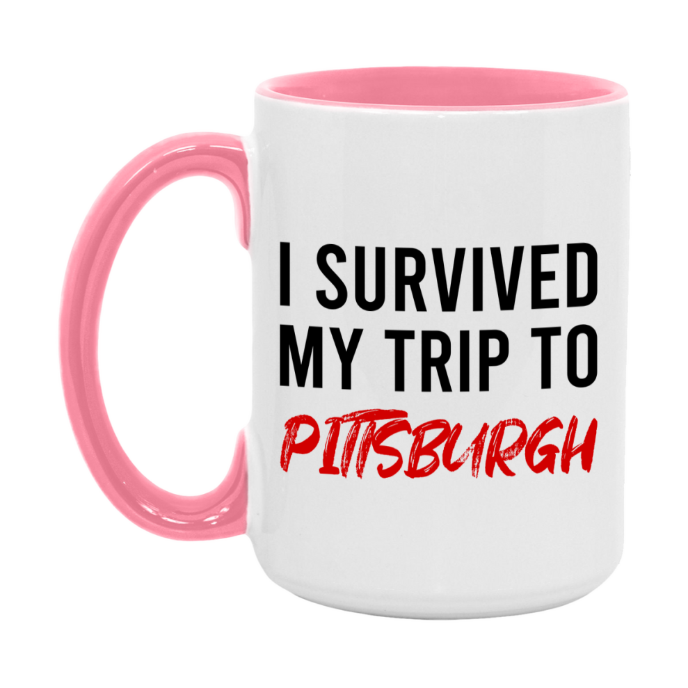 Funny Travel Mug – I Survived My Trip to Pittsburgh, 11oz or 15oz White Ceramic Coffee Mug, Novelty Travel Gift