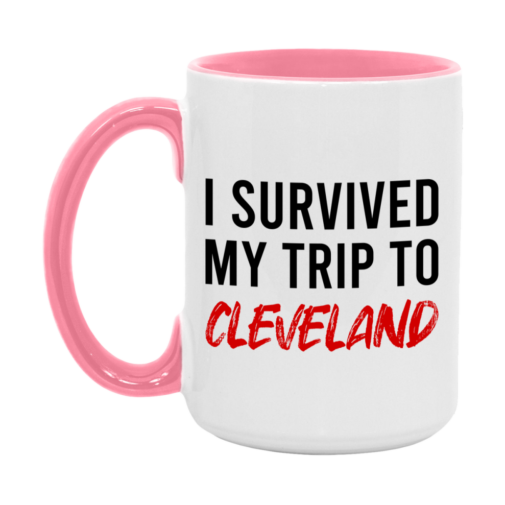 Funny Travel Mug – I Survived My Trip to Cleveland, 11oz or 15oz White Ceramic Coffee Mug, Novelty Travel Gift