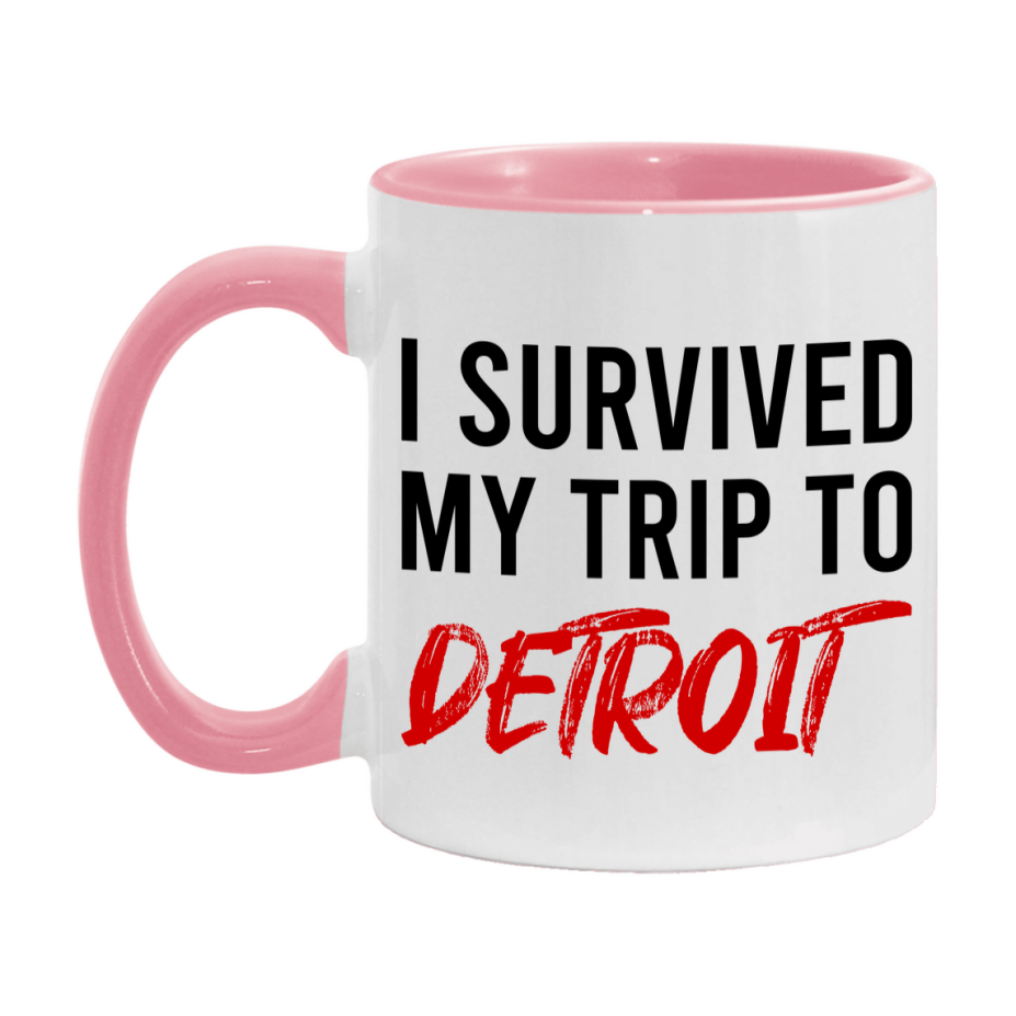 Funny Travel Mug – I Survived My Trip to Detroit, 11oz or 15oz White Ceramic Coffee Mug, Novelty Travel Gift