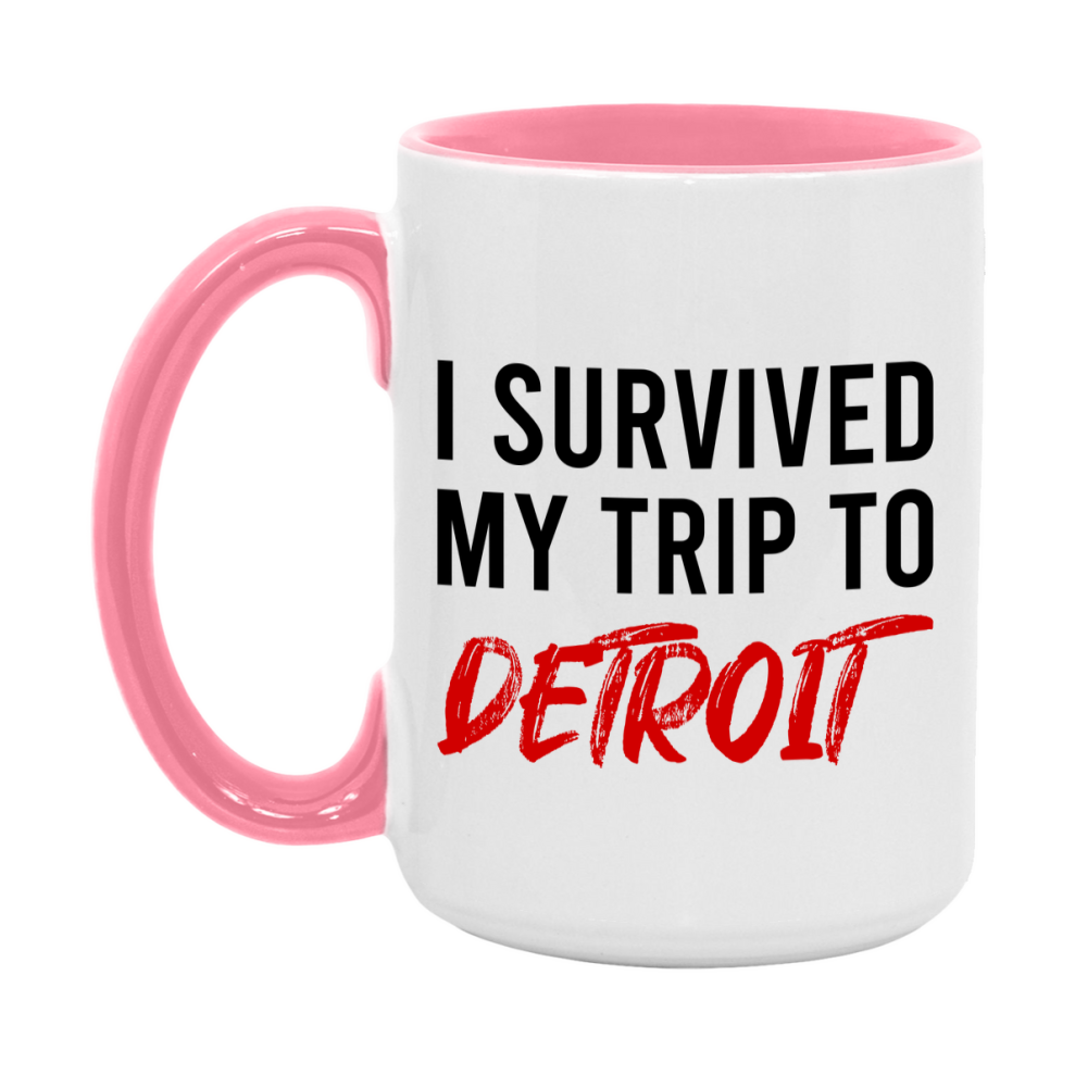 Funny Travel Mug – I Survived My Trip to Detroit, 11oz or 15oz White Ceramic Coffee Mug, Novelty Travel Gift