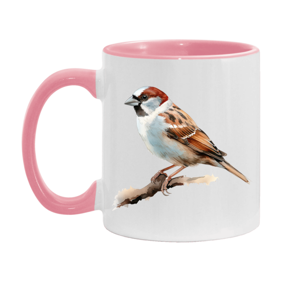 Bird Watching Mug, House Sparrow Song Bird Mug, 11oz or 15oz White Ceramic Coffee Mug Gift for Bird Watchers
