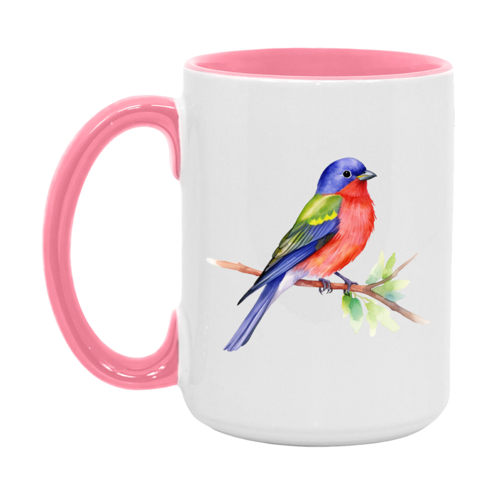 Bird Watching Mug, Painted Bunting Song Bird Mug, 11oz or 15oz White Ceramic Coffee Mug Gift for Bird Watchers